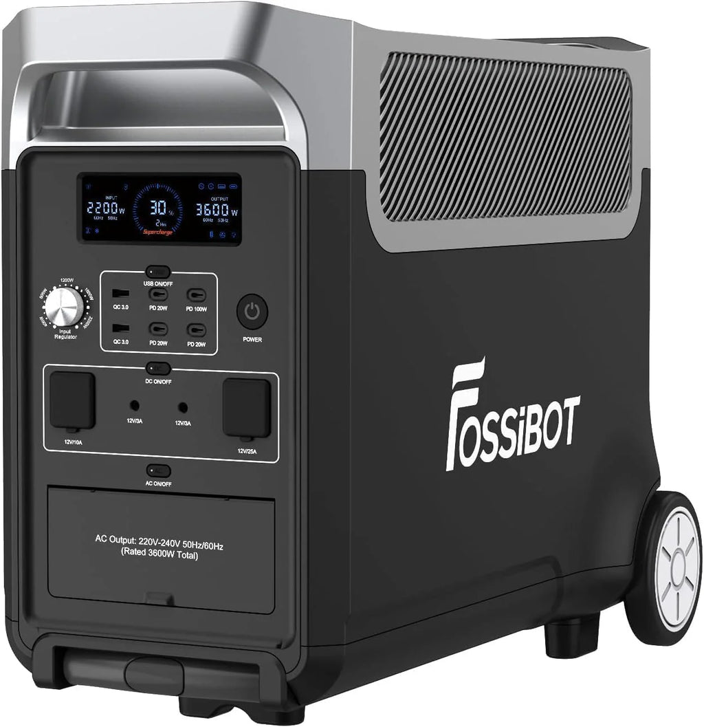 FOSSiBOT F3600 Pro Generator z panelem solarnym 420 W, przenośne zasilanie LiFePO4 3840 Wh, 3 x 230 V AC 3600 W (szczyt 7200 W), generator burzowy, oświetlenie LED do biwakowania, kampera, awarii