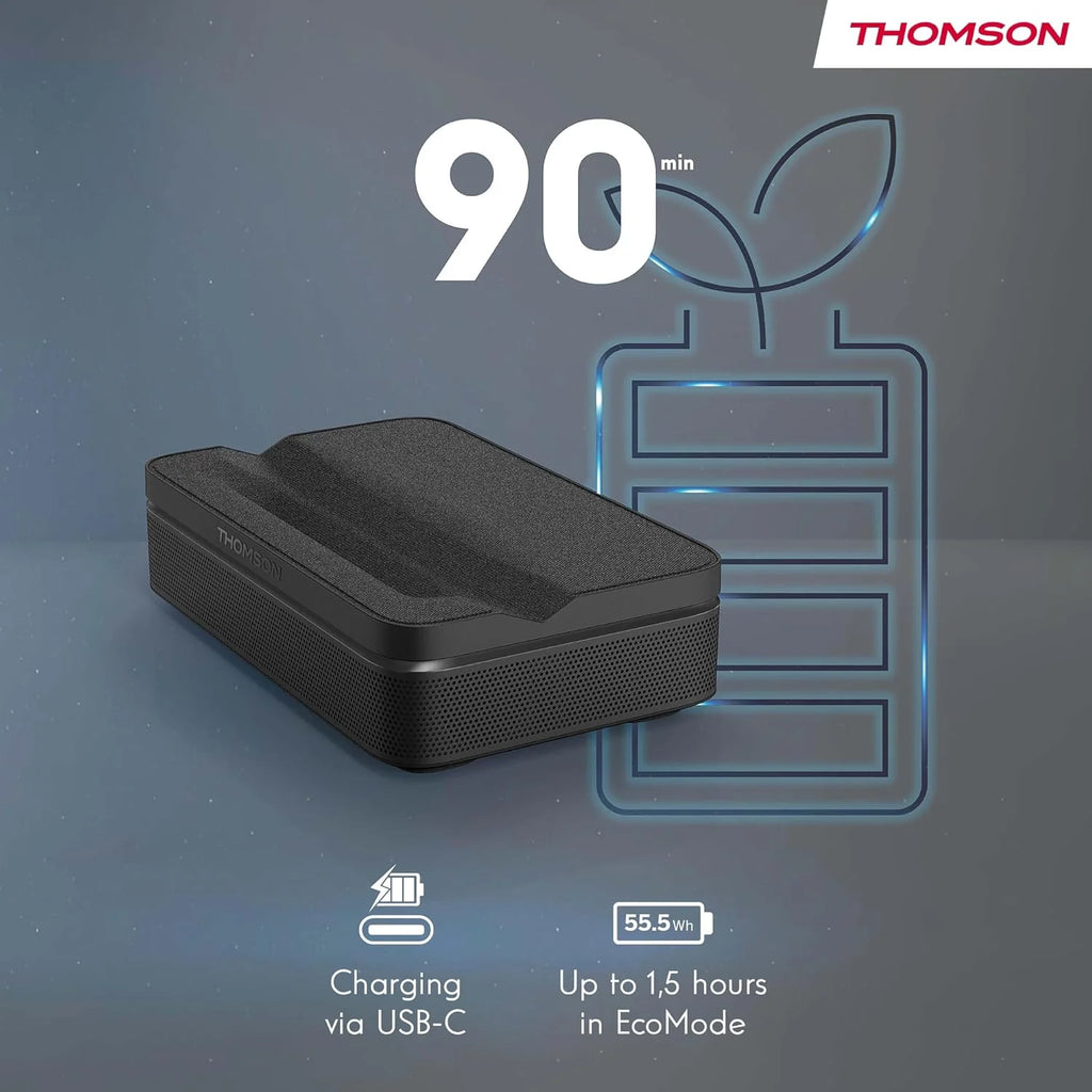 Thomson Sirius PG55B Inteligentny Projektor Laserowy RGB, Bardzo Krótki Rzut, Full HD 1080p, Google TV, 600 ANSI, Autofocus, HDR10+, Dolby Digital+, Bateria, WiFi, Bluetooth