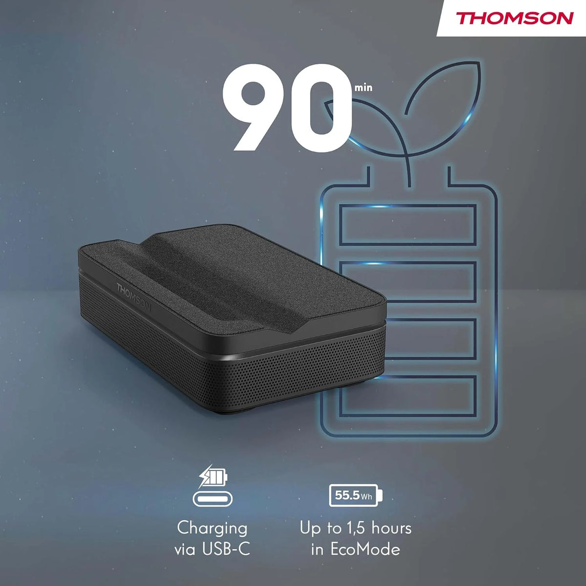 Thomson Sirius PG55B Inteligentny Projektor Laserowy RGB, Bardzo Krótki Rzut, Full HD 1080p, Google TV, 600 ANSI, Autofocus, HDR10+, Dolby Digital+, Bateria, WiFi, Bluetooth