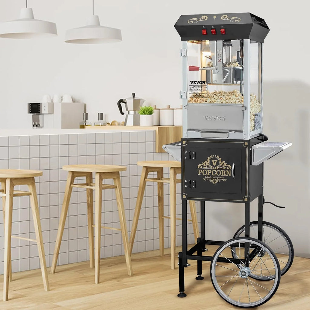 VEVOR Maszyna do popcornu z wózkiem, 850 W, czajnik na 48 filiżanek na jedno ładowanie, maszyna do popcornu z hartowanego szkła, w zestawie 4 łopatki, styl kinowy, restauracja, kolor czarny