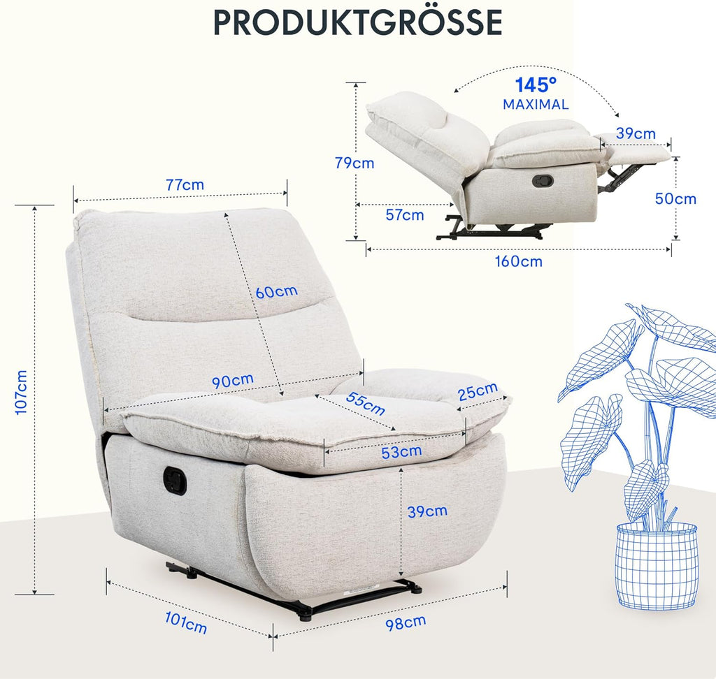 Fotel relaksacyjny FLEXISPOT XC6, sofa obrotowa z funkcją bujania, fotel telewizyjny z regulowanym oparciem, fotel rozkładany do sypialni, salonu i kina domowego (beżowy)