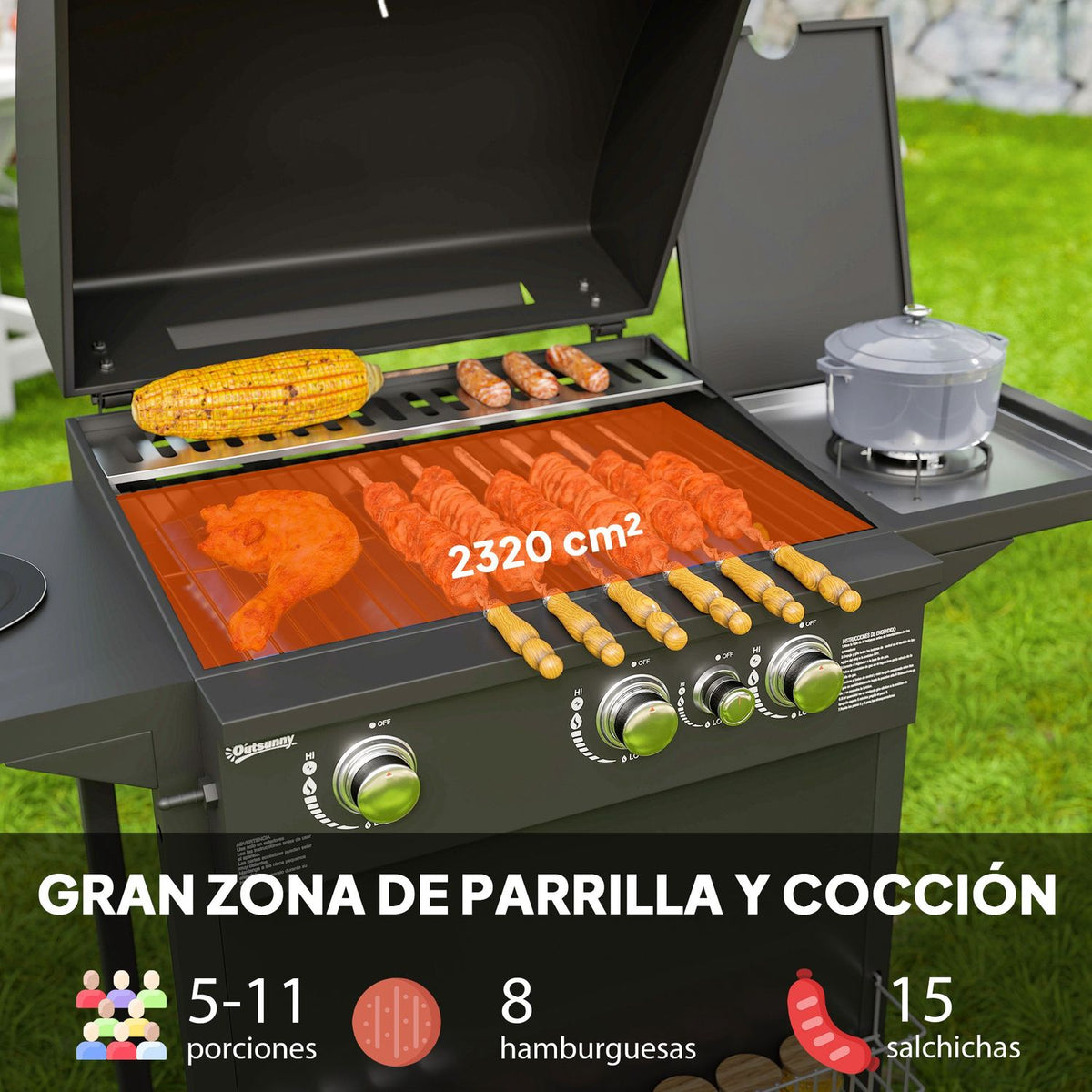Grill gazowy ABS Steel 123x57x98 cm-outsunny. Czarny