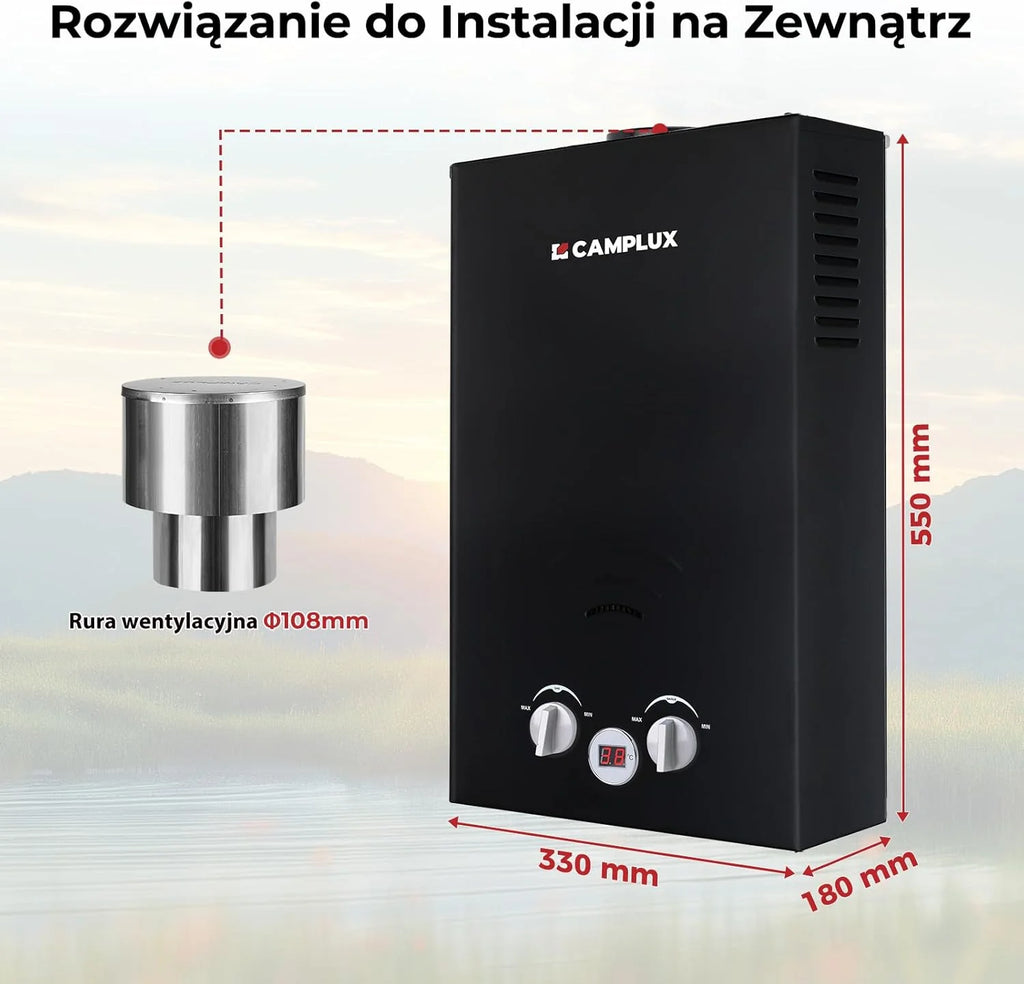 CAMPLUX 10 litrów gazowy podgrzewacz wody z pompą wodną BW264BCP120-DE, bezzbiornikowy zewnętrzny prysznic gazowy do mycia koni/kemping/podróży RV, 50mbar, LPG