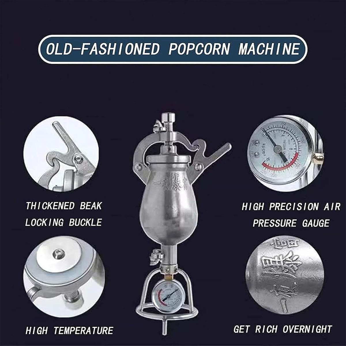 maszyna do popcornu, Maszyna do popcornu ze stali nierdzewnej - ręczna stara chińska tradycyjna maszyna do popcornu, z manometrem, powolne nagrzewanie, do użytku domowego(260ML)