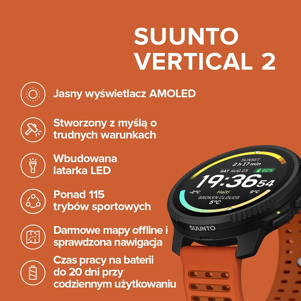 SUUNTO Vertical 2 Zegarek sportowy GPS, jasny 1,5-calowy ekran dotykowy AMOLED, latarka LED, 20-dniowy czas pracy baterii, mapy offline, wskaźniki treningowe i informacje o regeneracji, podwójny GNSS