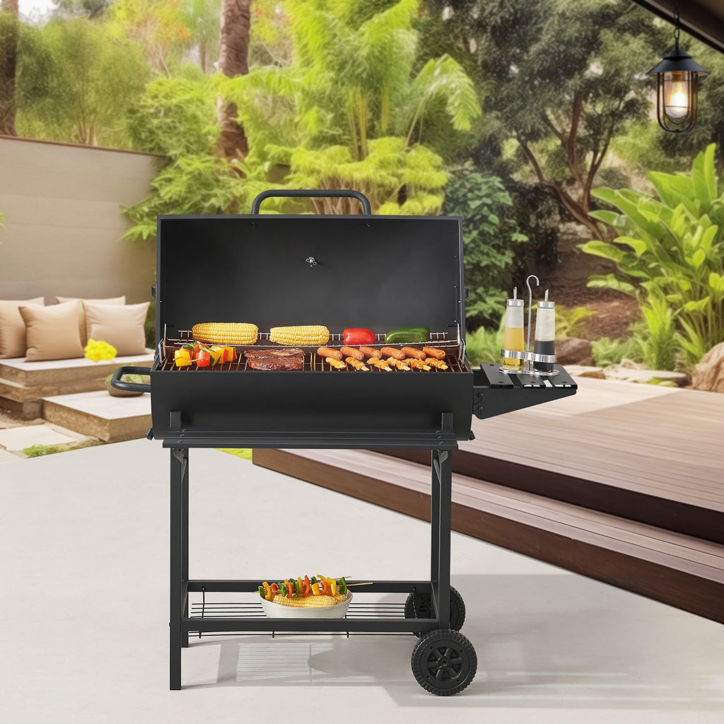 Grill węglowy Armento z 2 kółkami, termometrem, stalowy – czarny [casa.pro]