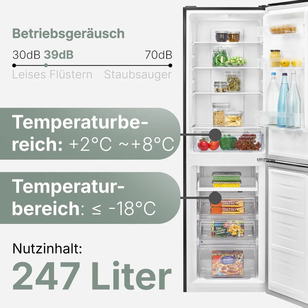 Lodówka i zamrażarka Bomann 247L KG7360-Czarna, System MultiAirflow, Całkowicie bezszronowa, 4 szklane półki, Oświetlenie LED, Klasa energetyczna A+, Czarna