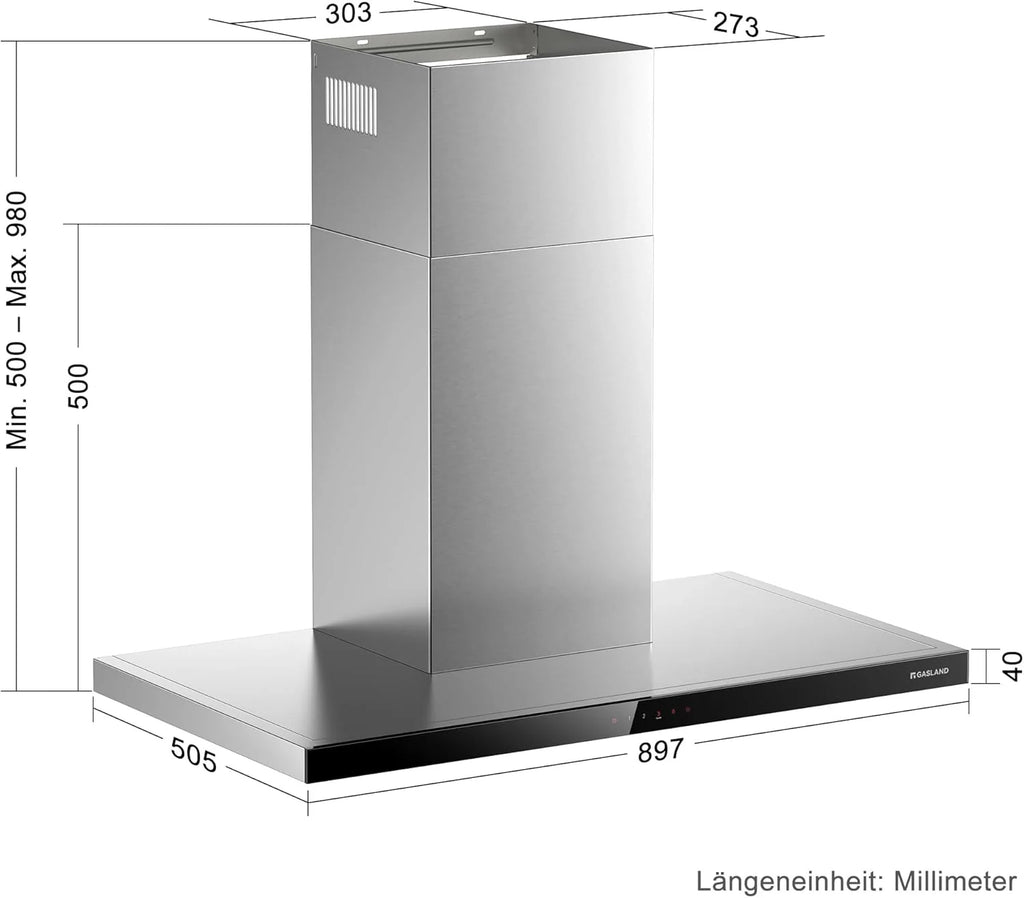 GASLAND TR90SS A++ okap kuchenny obieg 90 cm, okap ścienny 881 m³/h z filtrem węglowym CF176, obsługa dotykowa, 4 stopnie wraz z wzmacniaczem powietrza wylotowego, montaż ścienny, okap kuchenny ze