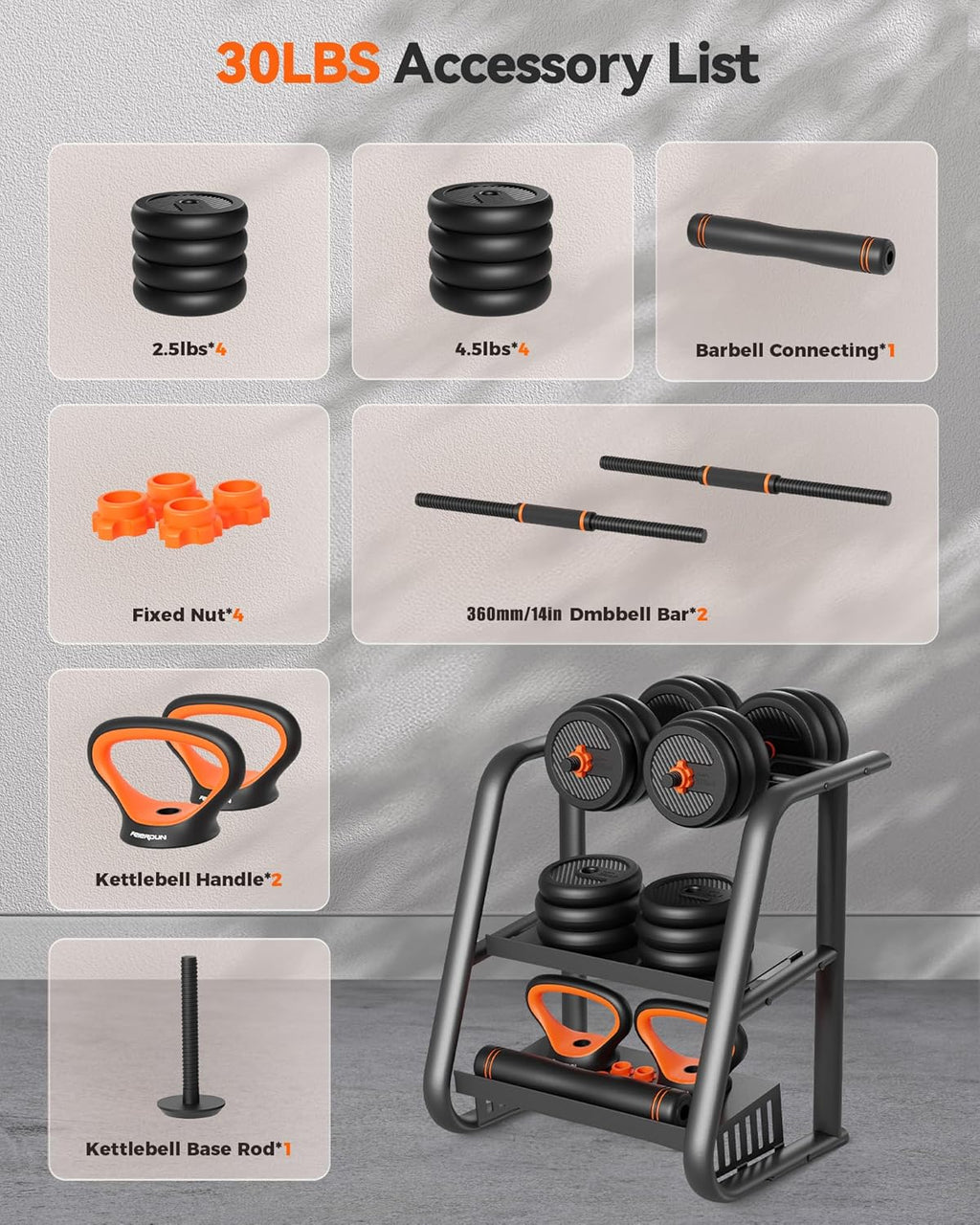 FEIERDUN Regulowane hantle, zestaw hantli o wadze 13,6 kg ze złączem, zestaw hantli 4 w 1, używany jako sztanga, kettlebell, stojak push-up, ćwiczenia fitness do domowej siłowni odpowiednie dla