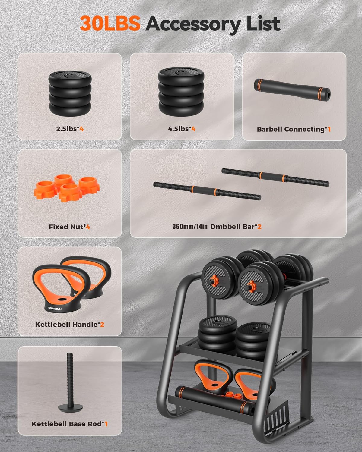 FEIERDUN Regulowane hantle, zestaw hantli o wadze 13,6 kg ze złączem, zestaw hantli 4 w 1, używany jako sztanga, kettlebell, stojak push-up, ćwiczenia fitness do domowej siłowni odpowiednie dla