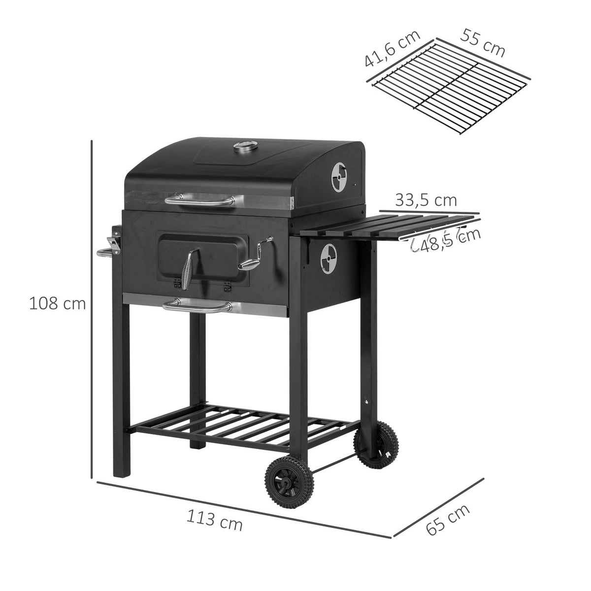 Grill węglowy Outsunny ze stali nierdzewnej 113x65x108 cm, czarny