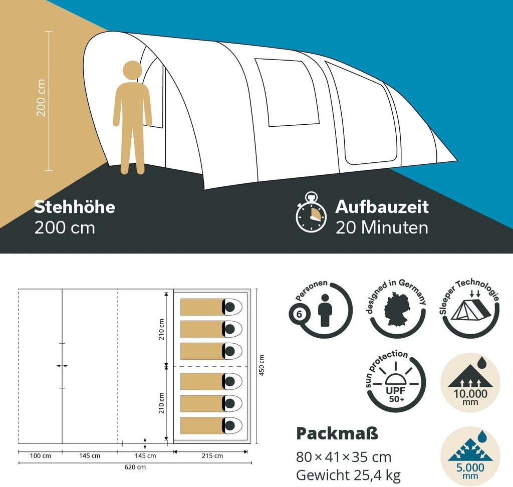 Skandika Namiot tunelowy Hafslo 6 XL Sleeper Protect | namiot kempingowy dla 6 osób, technologia Sleeper, wszyta podłoga namiotu, daszek, słup wody 5000 mm | duży namiot rodzinny, namiot, outdoor