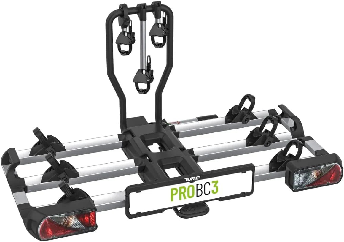 EUFAB 11602 ProBC3 bagażnik rowerowy na 3 rowery/rowery elektryczne, obciążenie użytkowe 60 kg, wstępnie zmontowany, składany za pomocą pedału nożnego, możliwość rozszerzenia na 4, szyny aluminiowe