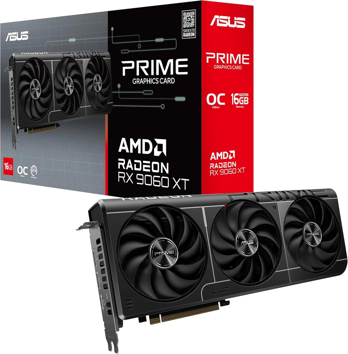 ASUS Prime Radeon RX 9060 XT OC Edition 16 GB GDDR6 karta graficzna dla graczy (AMD Radeon RX9060XT, AMD RDNA 4 architektura, PCIe 5.0, 1 x HMDI 2.1b, 2X DisplayPort 2.1a, PRIME-RX9060XT-O16G)