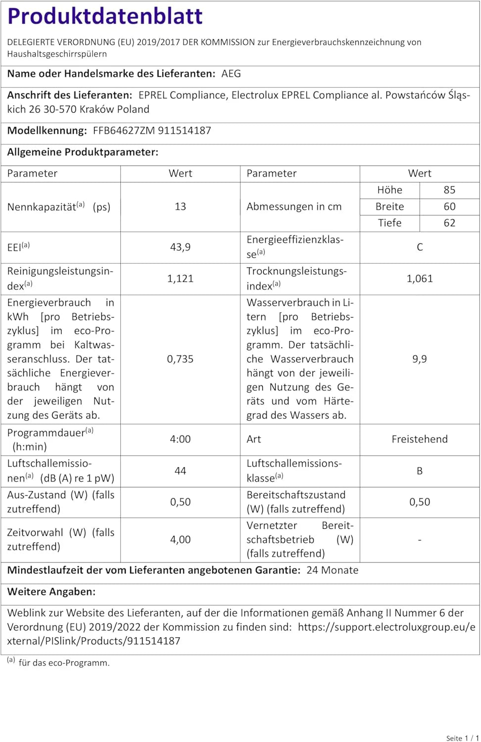 AEG FFB64627ZM zmywarka 60 cm, 13 sztućców, system AirDry, wyświetlacz XL, silnik inwerterowy, program automatyczny, funkcja dodatkowa higiena, Softspikes, 44 dB(A), stal nierdzewna, klasa C