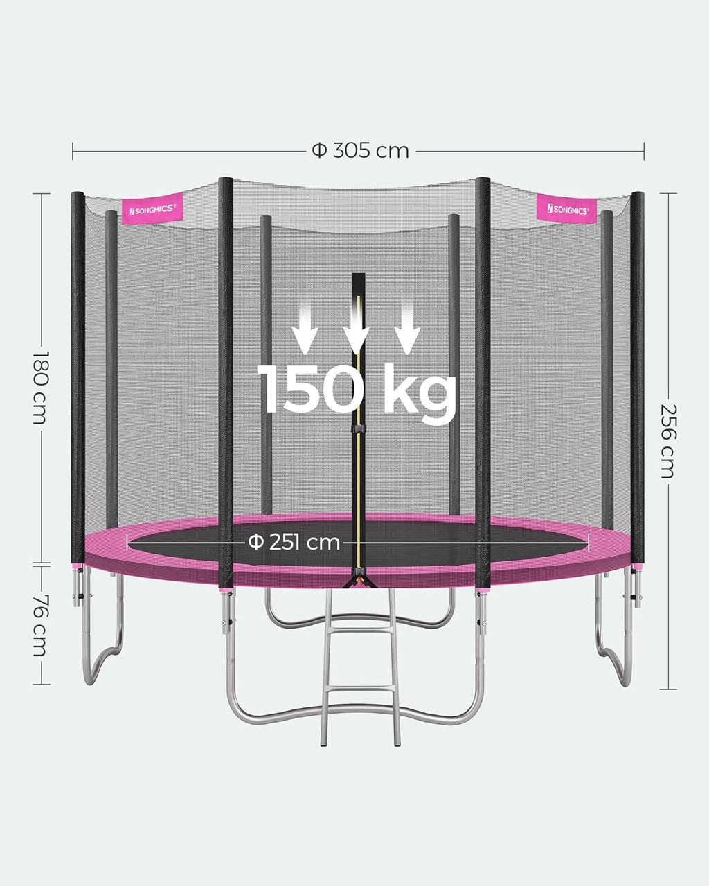 SONGMICS Trampolina ogrodowa o średnicy 183/244/305/366/427 cm, z siatką zabezpieczającą, drabinką i wyściełanymi drążkami, osłona bezpieczeństwa, zewnętrzna