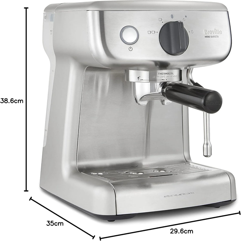 Breville Barista Max Ekspres do kawy Kolbowy VCF126X, Zbiornik na wodę 2.8L, Zintegrowany młynek do kawy i spieniacz do mleka, 15 Bar, Stal Szczotkowana