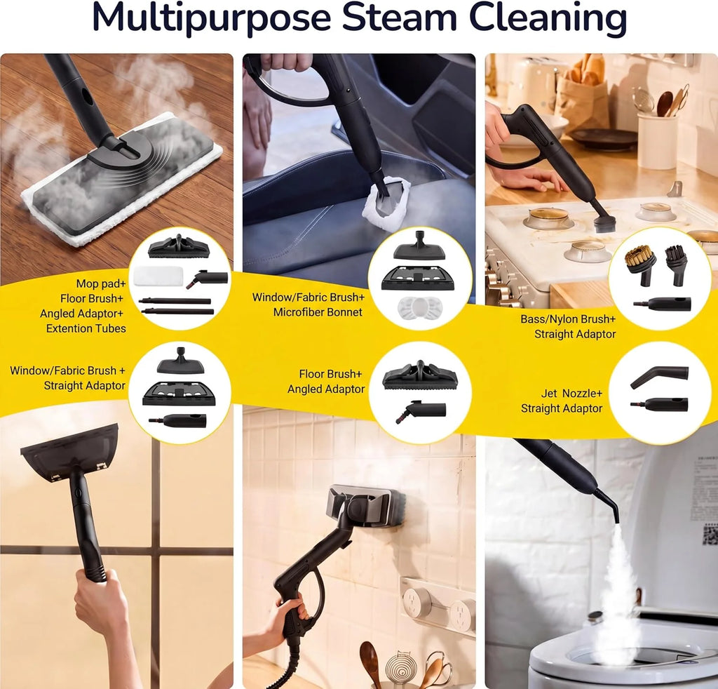 STEAMBOT Mop parowy 37 w 1 do domu i samochodu, zbiornik na wodę 2 l, wąż 1,3 m, głębokie czyszczenie parą do podłóg, płytek, fug, okien, kuchni, salonu, parowar wielopowierzchniowy