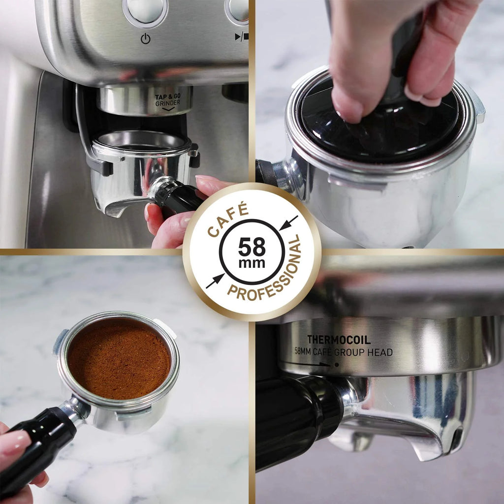Breville Barista Max Ekspres do kawy Kolbowy VCF126X, Zbiornik na wodę 2.8L, Zintegrowany młynek do kawy i spieniacz do mleka, 15 Bar, Stal Szczotkowana
