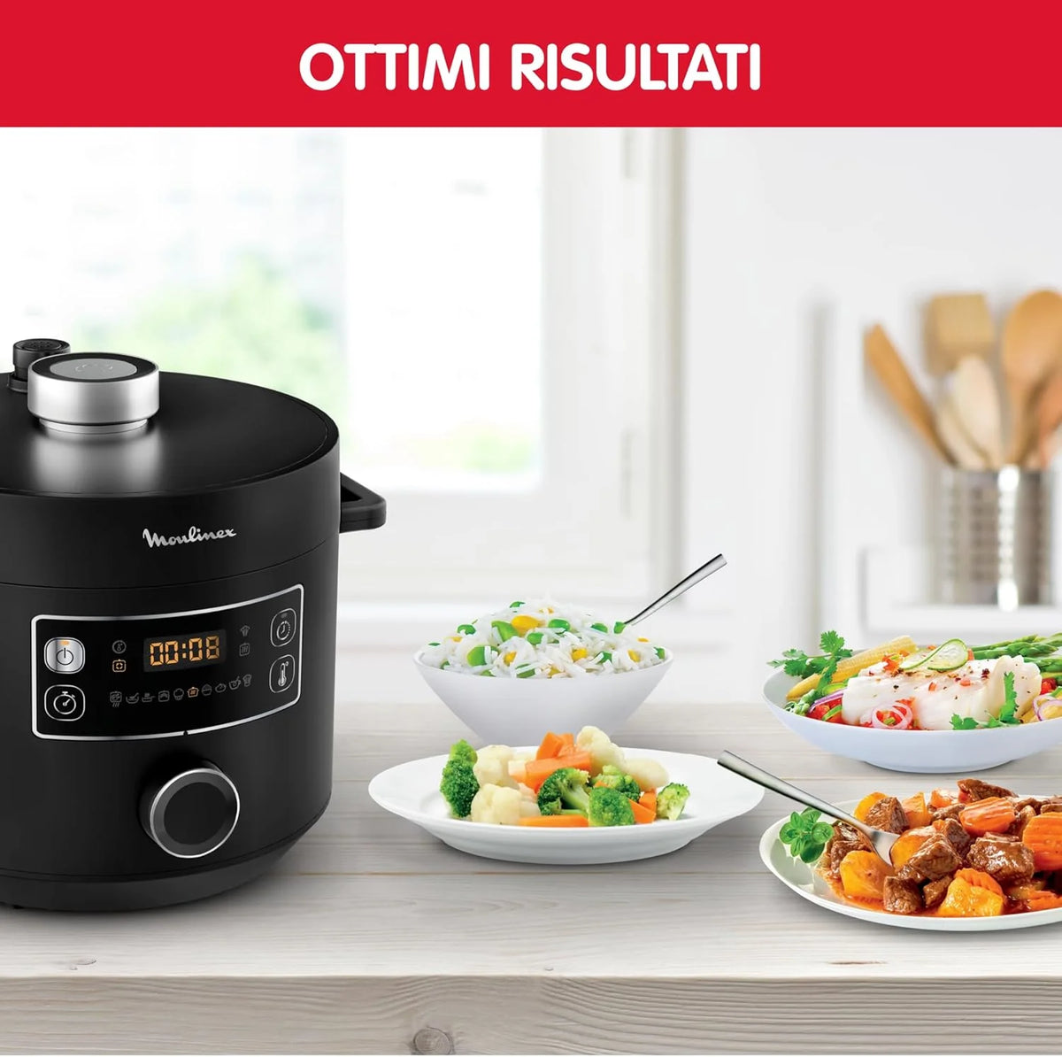 Moulinex Turbo Cuisine & Fry CE7788-2 w 1: elektryczny szybkowar i frytkownica powietrzna do 1450 W, nieprzywierająca miska sferyczna, 15 programów automatycznych, timer, akcesoria, czarny