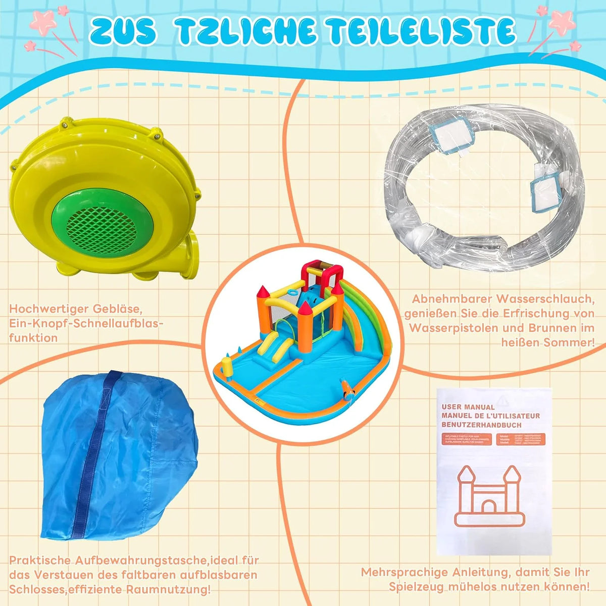 XXL dmuchany zamek do parku wodnego z 2 zjeżdżalniami wodnymi i dmuchawą – nadmuchiwany zamek dla dzieci z trampoliną, koszem do koszykówki i ścianką wspinaczkową – łącznie z zabawkami do rzucania i