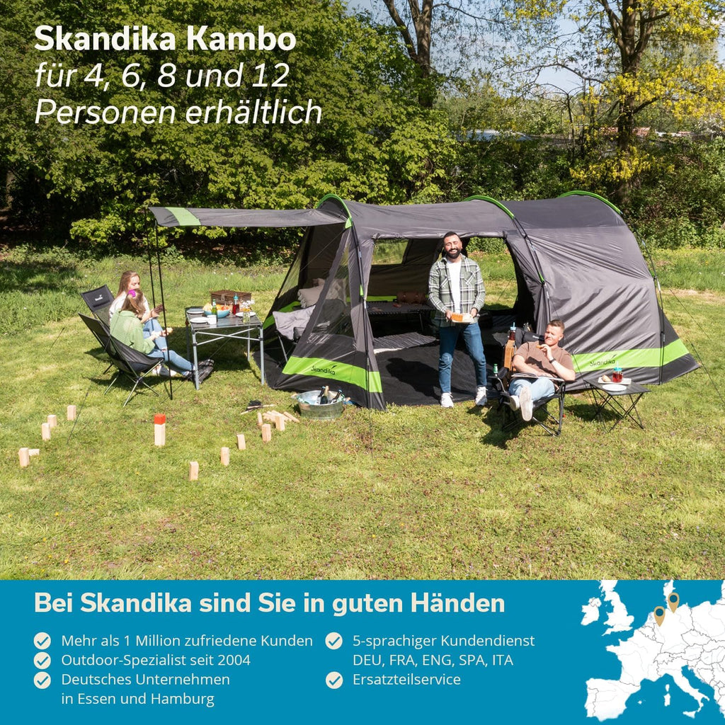 Skandika Kambo namiot tunelowy dla 4-8 osób, ciemna kabina sypialna, dla 4-8 osób, wodoszczelny, 3000 słupa wody, 3 wejścia, dach przeciwsłoneczny, przedsionek namiotowy, namiot rodzinny, namiot o