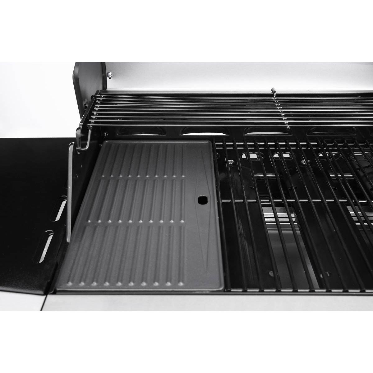 Grill gazowy z diodami LED „Bingo 4” – 4 palniki (1 strona) – 14 kW + osłona ochronna – srebrny