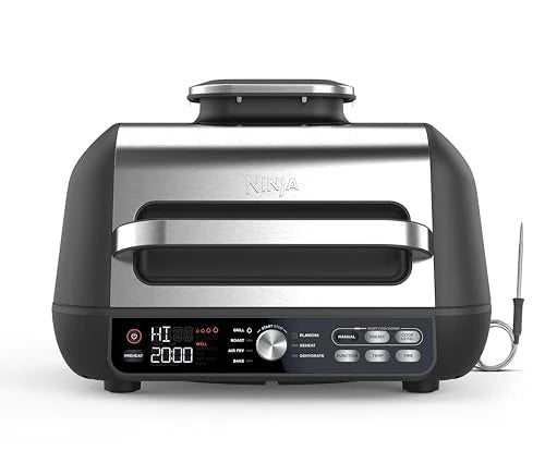 Ninja Foodi MAX PRO Grill, płaska płyta i frytkownica beztluszczowa z cyfrową sondą kuchenną i termometrem, 3,8 l, 7 funkcji gotowania w 1, części można myć w zmywarce, srebrno/czarny, AG651EU
