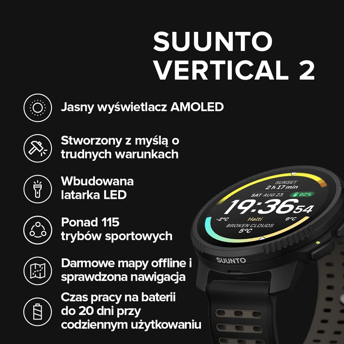 SUUNTO Vertical 2 Zegarek sportowy GPS, jasny 1,5-calowy ekran dotykowy AMOLED, latarka LED, 20-dniowy czas pracy baterii, mapy offline, wskaźniki treningowe i informacje o regeneracji, podwójny GNSS