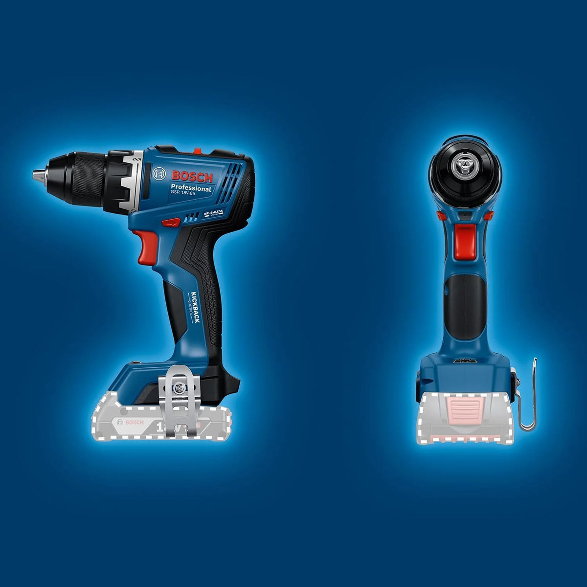 Bosch Professional 18 V firmy Bosch: wiertarko-wkrętarka akumulatorowa GSR 18V-65 (silnik bezszczotkowy, długość korpusu 166 mm, 2 akum. GBA 4.0Ah, 82-cz. zestaw osprzętu, walizka L-Case)