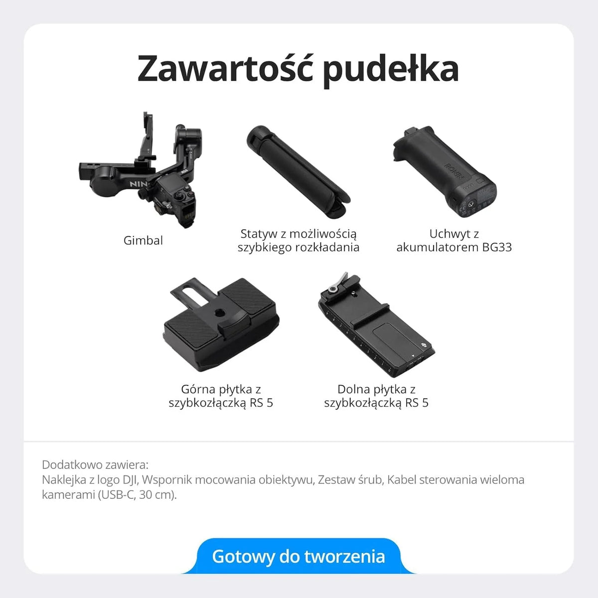 DJI RS 5, stabilizator gimbala do kamer Canon, Sony, Panasonic, Nikon, Fujifilm, przyciski precyzyjnego strojenia, automatyczne blokady osi 2. generacji, statyw do szybkiego otwierania, wyświetlacz