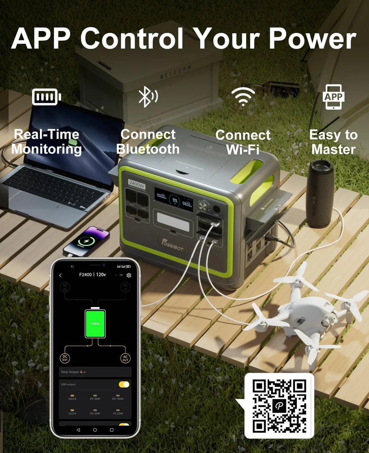 FOSSIBOT-Polska F2400 przenośna stacja zasilania, Generator solarny 2048 Wh LiFePO4 akumulator zapasowy z wyjściami 2400 W AC Z kontrolą APP