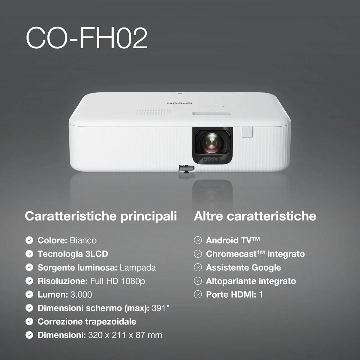 Epson CO-FH02 projektor 3LCD (Full HD 1920 x 1080p, 3000 lumenów, kolor biały i kolorowy, przekątna ekranu 9,93 m, Android TV, HDMI)