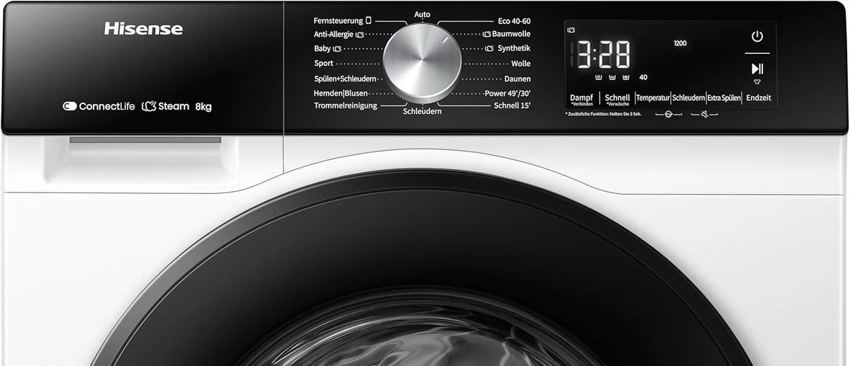 Hisense WF3S8043BW3 pralka z funkcją pary, 8 kg, 1400 obr./min, WiFi, ConnectLife, Power JetWash, program antyalergiczny, Aqua Stop, Auto Wash, Quick Wash, klasa efektywności energetycznej A-30%