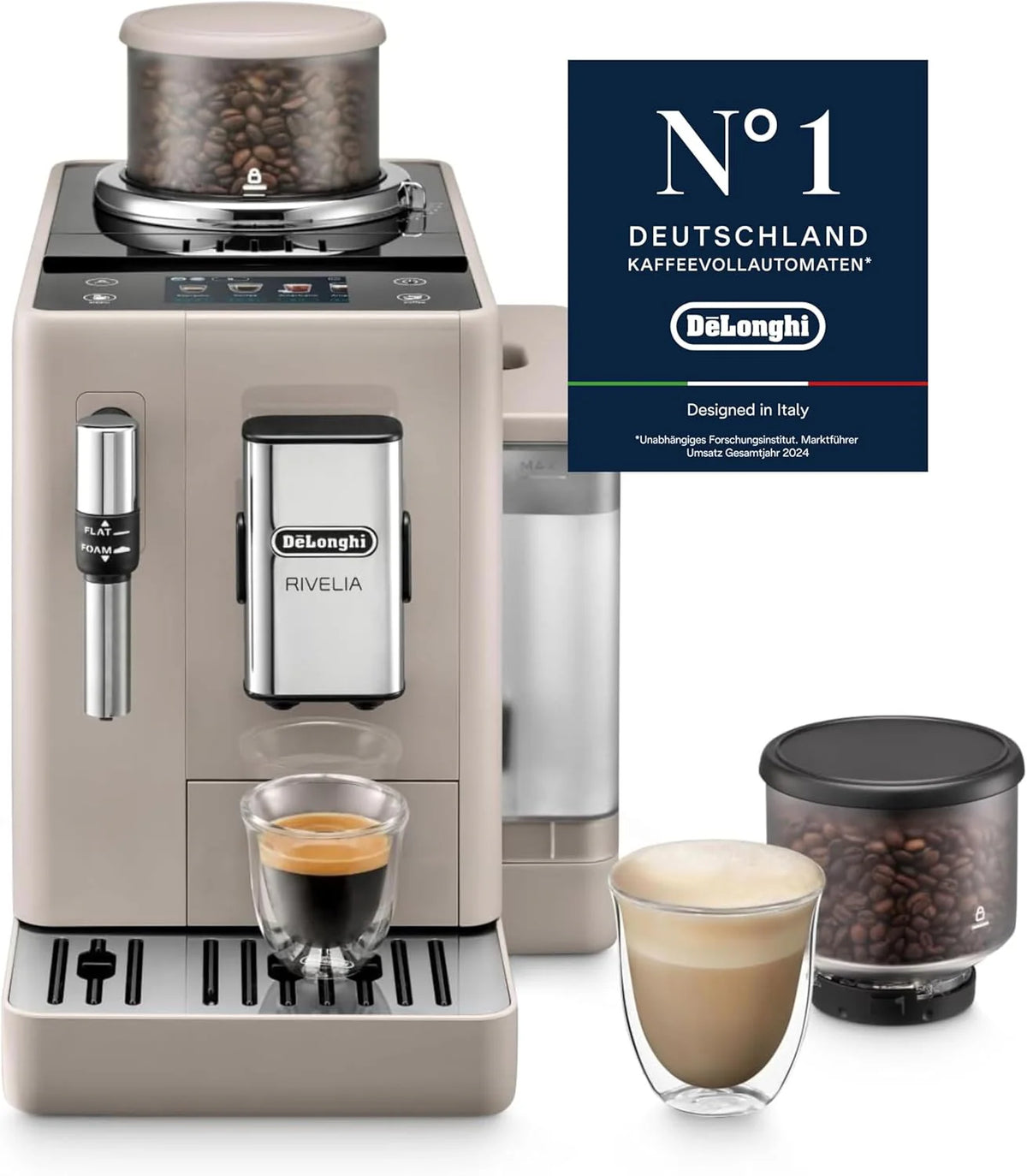 De'Longhi Rivelia EXAM440.35.BG, Superautomatyczny ekspres do kawy z ręcznym spieniaczem do mleka, kompaktowy rozmiar, 8 przepisów, kolorowy ekran dotykowy, beżowy piasek