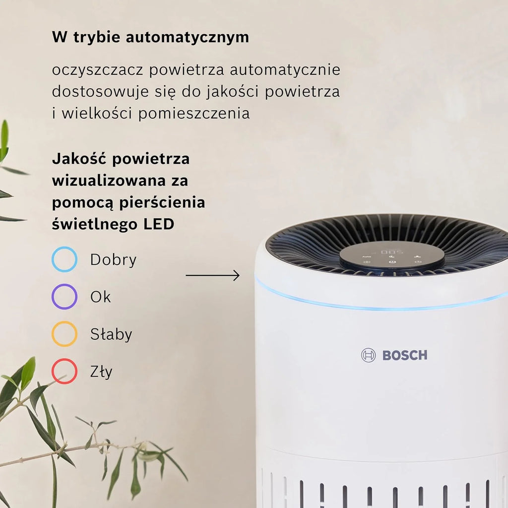 Bosch Air 6000 - Oczyszczacz powietrza — do powierzchni do 125 m² — skutecznie filtruje ponad 99% zanieczyszczeń — Tryb automatyczny oraz uśpienia (< 25 dB(A)) — CADR: 600 m³/h