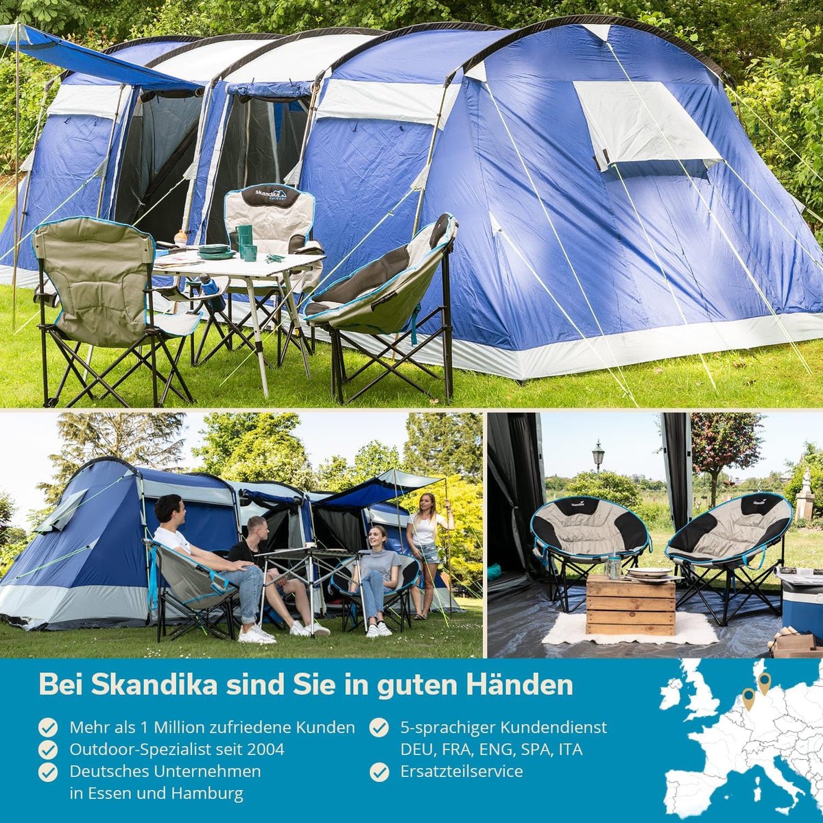 Skandika Namiot tunelowy Montana Sleeper Protect dla 10 osób | wszyta podłoga namiotu, technologia Sleeper, 2 do 4 czarnych sypialni, wodoodporność 5000 mm, moskitiera, 4 wejścia, namiot rodzinny (niebieski)