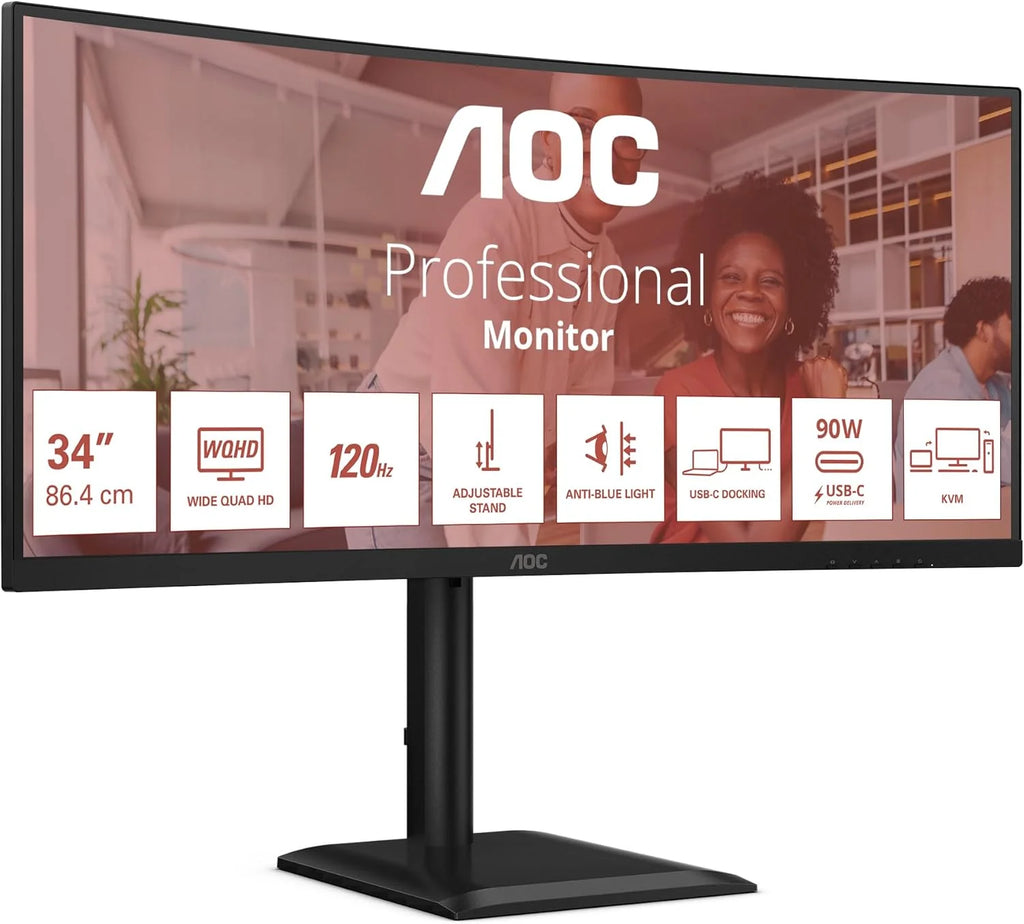AOC WQHD CU34E4CV 34-calowy monitor, 120 Hz, VA, 4 ms, synchronizacja adaptacyjna, HDR Ready/HDR10, regulacja wysokości, głośniki (3440 x 1440, 2 porty HDMI 2.0, 1 port DP 1.4, koncentrator USB