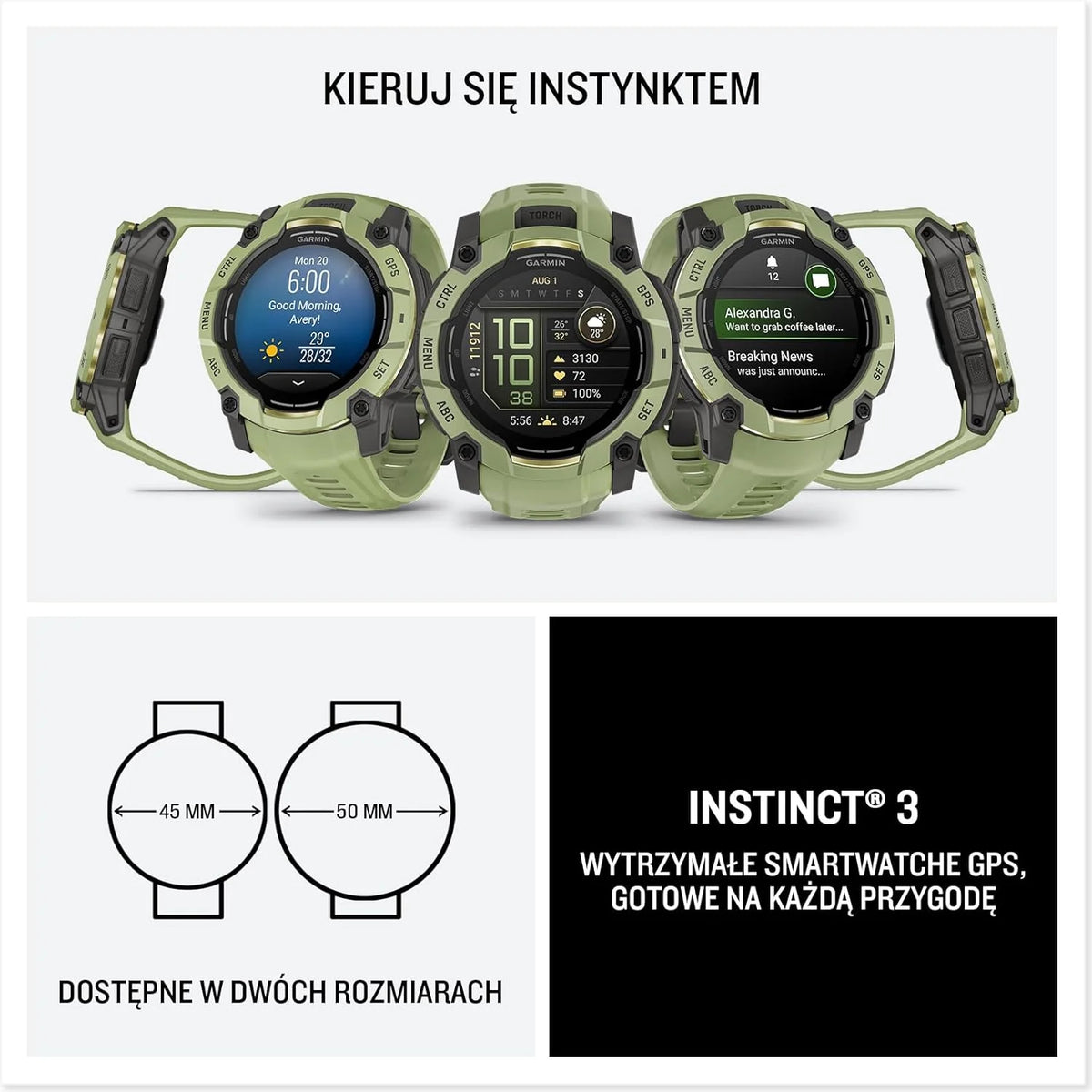 Garmin Instinct 3 SOLAR Wytrzymały Smartwatch GPS, 45 mm, Wbudowane Aplikacje Sportowe i Zdrowotne, Latarka LED, 10ATM, Sunburst