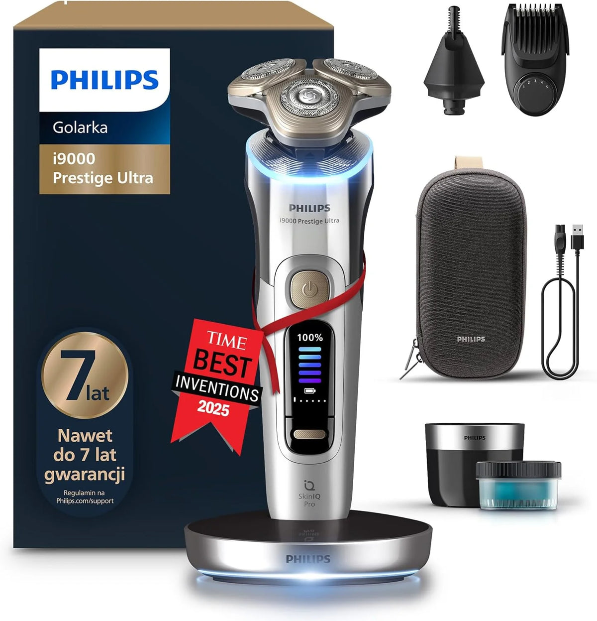 Philips Shaver i9000 Prestige Ultra, golarka elektryczna do golenia na sucho i mokro z technologią Skin IQ Pro, System Triple Lift & Cut, obrotowe 360º ostrza, 5 trybów golenia, Model XP9404/38