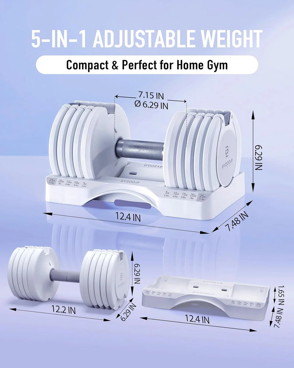 BYZOOM FITNESS Regulowane hantle – 12,5/11,3 kg pojedyncza jednostka LUB zestaw 5-12,7 cm - 1 regulowana waga do domowej siłowni, treningu siłowego i treningów fitness, biały lub czarny