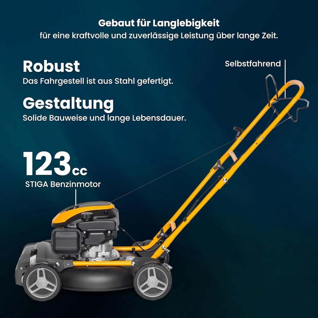 STIGA Multiclip 47 S silnik wybuchowy, kosiarka do trawy trakcyjnej z silnikiem o pojemności 123 ccm, płyta tnąca 45 cm, 5 wysokości cięcia, ergonomiczny uchwyt składany