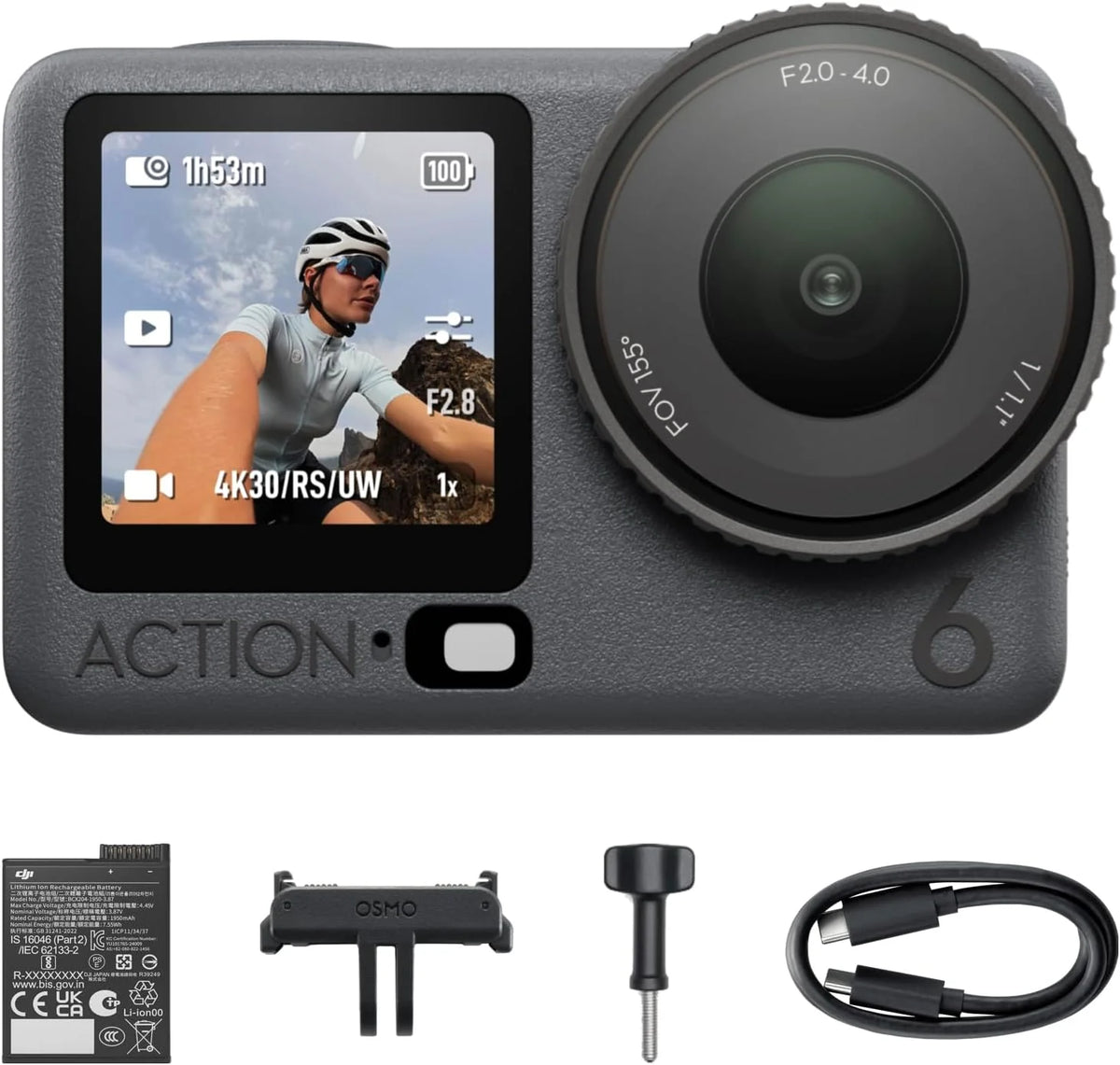 DJI Osmo Action 6 Enhanced Combo, podwodna kamera sportowa z kwadratową matrycą 1/1,1″ i pamięcią 50 GB, zmienną przysłoną f/2,0–f/4,0, wydłużony czas pracy z 2 akumulatorami, 8K