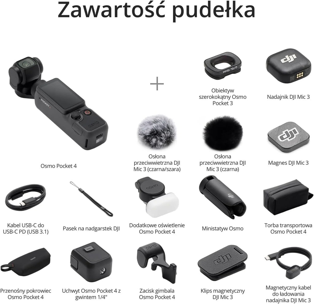 DJI Osmo Pocket 4 Creator Combo, kieszonkowa kamera Vlog, 1″ CMOS i 4K/240 kl./s, stabilizacja 3-osiowa, 2 x bezstratny zoom, wbudowana pamięć masowa 107 GB, nadajnik Mic 3, światło wypełniające