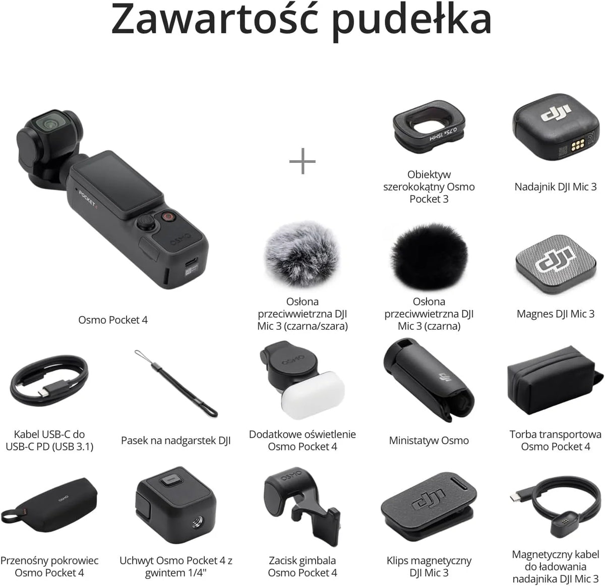 DJI Osmo Pocket 4 Creator Combo, kieszonkowa kamera Vlog, 1″ CMOS i 4K/240 kl./s, stabilizacja 3-osiowa, 2 x bezstratny zoom, wbudowana pamięć masowa 107 GB, nadajnik Mic 3, światło wypełniające