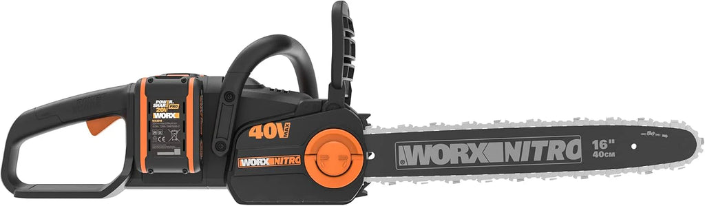 WORX WG385E Nitro Akumulatorowa Pilarka Łańcuchowa 40V(2 x 20V), Silnik Bezszczotkowy, Automatyczne Napinanie i Smarowanie Łańcucha, Długość Cięcia 40 cm, Prędkość Cięcia 18m/s