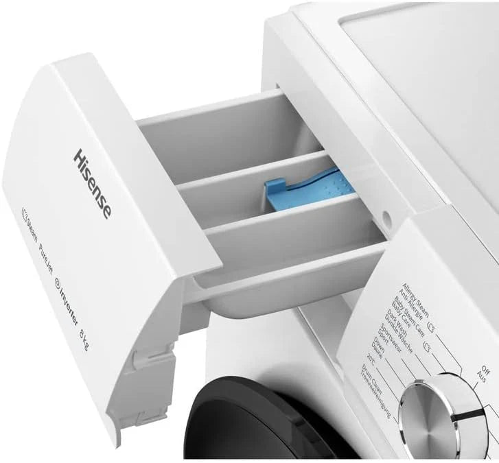 Hisense WF3S8043BW3 pralka z funkcją pary, 8 kg, 1400 obr./min, WiFi, ConnectLife, Power JetWash, program antyalergiczny, Aqua Stop, Auto Wash, Quick Wash, klasa efektywności energetycznej A-30%