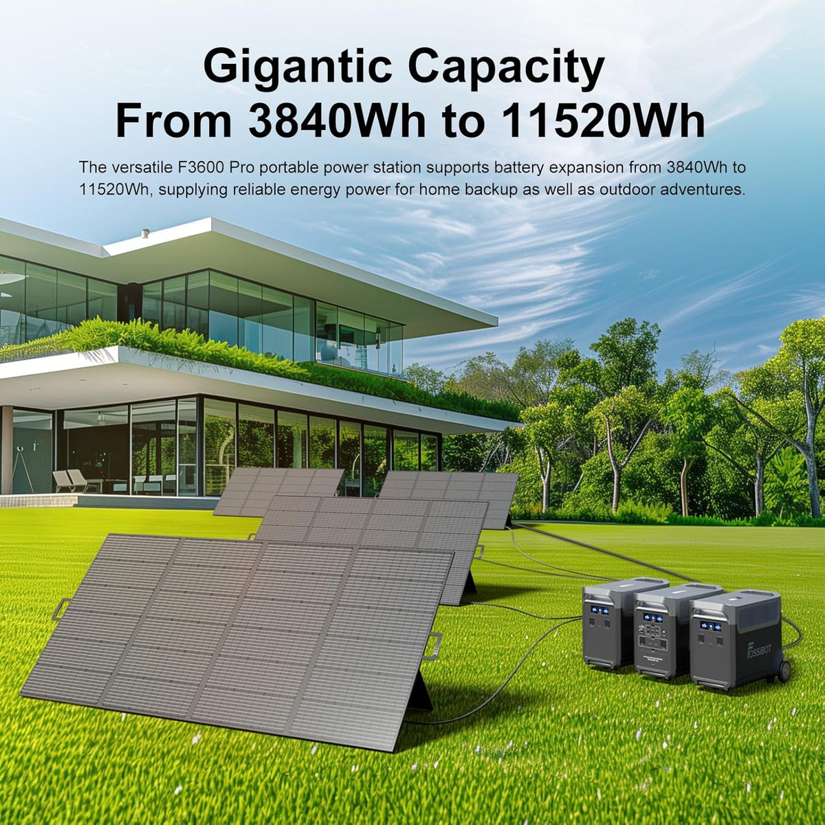FOSSiBOT F3600 Pro Generator z panelem solarnym 420 W, przenośne zasilanie LiFePO4 3840 Wh, 3 x 230 V AC 3600 W (szczyt 7200 W), generator burzowy, oświetlenie LED do biwakowania, kampera, awarii