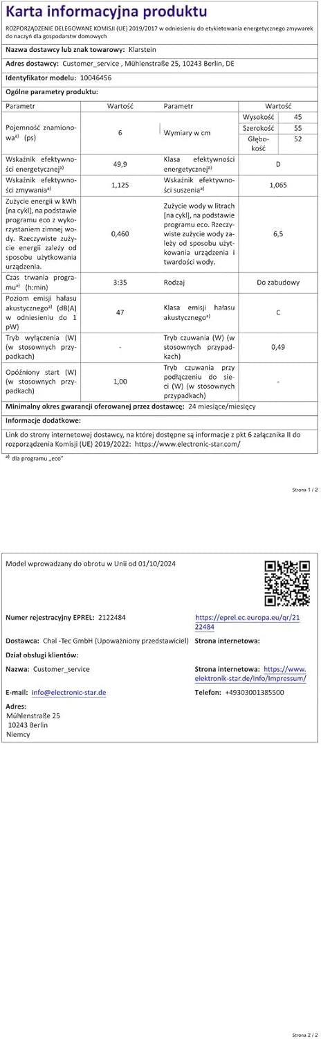 Klarstein Zmywarka do zabudowy – kompaktowy model 45 cm, 6 nakryć, higiena UV, AquaStop, klasa efektywności energetycznej D, cicha praca 49 dB, intuicyjna obsługa