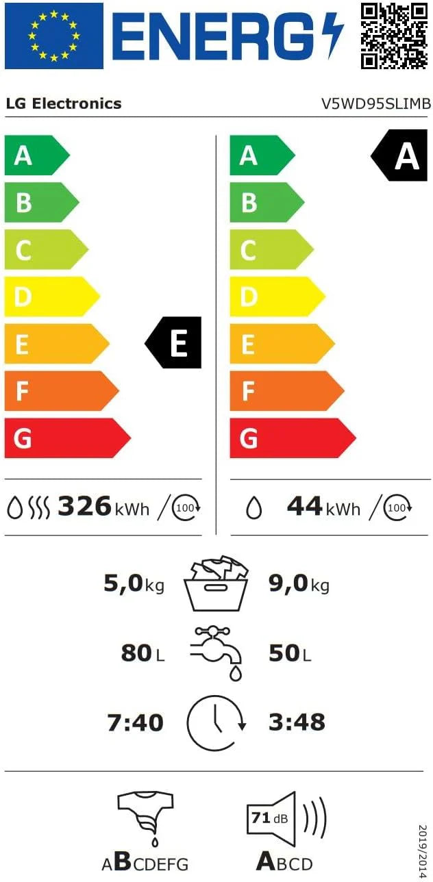 LG V5WD95SLIMB, klasa A/E, SLIM pralko-suszarka, 9-5 kg prania/suszenia, Wi-Fi, AI Direct Drive, głębokie czyszczenie parą, TurboWash 360°, bezpieczne drzwi szklane, AquaLock, 60 x 53,5 x 85 cm,